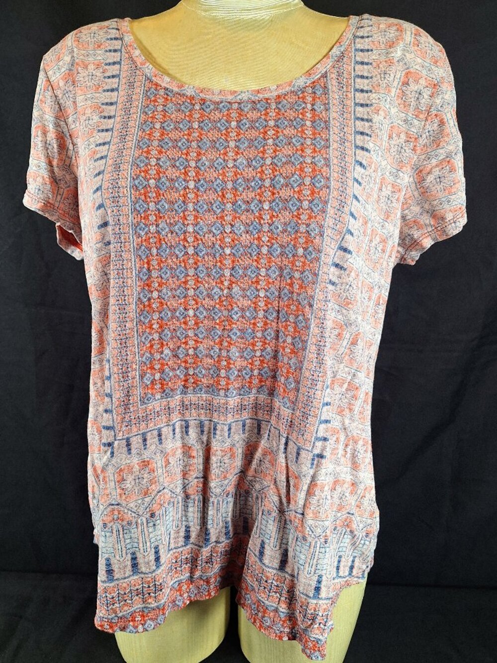 Lucky Brand Women's Orange Blue Boho Geometric Print Short Sleeve Top Size XL